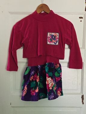 Girls Magenta Crop Top & Purple Floral Skirt Matching Set